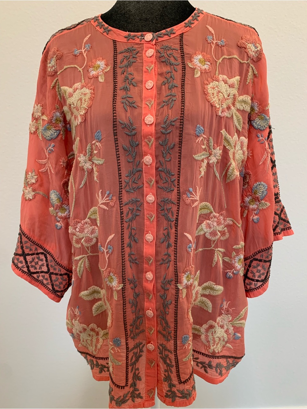 Johnny Was Coral Embroidered Button-Front Tunic